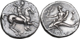 Greek Italy. Southern Apulia, Tarentum. AR Nomos, c. 280-272 BC. Time of Pyrrhos of Epiros. Gu-, Sostratos, and Poly-, magistrates. Obv. Warrior on ho...