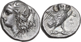 Greek Italy. Southern Apulia, Tarentum. AR Drachm, c. 281-272 BC. Obv. Head of Athena left with hair flowing down behind. Rev. Owl standing on thunder...