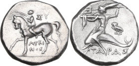 Greek Italy. Southern Apulia, Tarentum. AR Stater, c. 272-235 BC. Obv. Youth on horseback left, crowning horse; ΣY behind; ΛYKI/NOΣ below. Rev. Phalan...