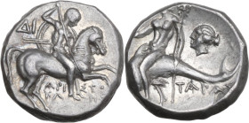 Greek Italy. Southern Apulia, Tarentum. AR Nomos, 272-235 BC. Obv. Horseman right, spearing downwards; to left, ΔΙ; below, ΑΡΙ-ΣΤΟ/ΚΛ-ΗΣ:. Rev. Phalan...