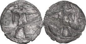 Greek Italy. Northern Lucania, Posidonia. AR Stater, c. 520 BC. Obv. ΠΟΣ. Poseidon, bearded, nude but for chlamys draped over his arms, standing right...