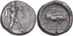 Greek Italy. Northern Lucania, Posidonia. AR Diobol, 445-420 BC. Obv. Poseidon striding right, cloak hanging from shoulders, brandishing trident; to r...