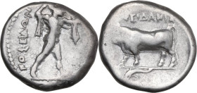 Greek Italy. Northern Lucania, Posidonia. AR Stater, 410-350 BC. Obv. Poseidon advancing right, brandishing trident; in left field, ΠOΣEIΔAN; to right...