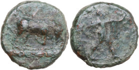 Greek Italy. Northern Lucania, Posidonia. AE 16 mm. c. 350-290 BC. Obv. Bull butting right; in exergue, ΠOΣEIΔA on raised tablet. Rev. Poseidon advanc...