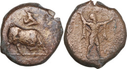 Greek Italy. Northern Lucania, Posidonia. AE 18.5 mm. c. 350-290 BC. Obv. Poseidon advancing right, brandishing trident. Rev. Bull butting right; abov...