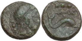 Greek Italy. Northern Lucania, Paestum. AE Quadrans. Second Punic War, c. 218-201 BC. Obv. Head of Neptune right, wearing tenia; behind three pellets....