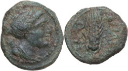 Greek Italy. Northern Lucania, Paestum. AE Uncia, 218-201 BC. Obv. Head of Artemis right, holding over shoulder bow and quiver. Rev. Corn-ear; Q (VA) ...