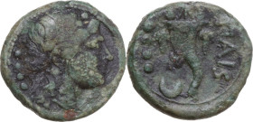 Greek Italy. Northern Lucania, Paestum. AE Triens, 218-201 BC. Obv. Head of young Dionysos right, wearing ivy-wreath; behind, four pellets. Rev. Cornu...