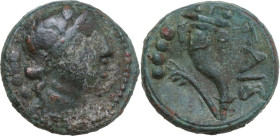 Greek Italy. Northern Lucania, Paestum. AE Triens, 218-210 BC. Obv. Head of young Dionysos right, wearing ivy-wreath; behind, four pellets. Rev. Cornu...