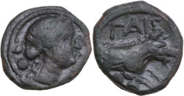 Greek Italy. Northern Lucania, Paestum. AE Sextans. Second Punic War, 218-201 BC. Obv. Female head right; behind, two pellets. Rev. Forepart of boar r...