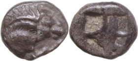 Greek Italy. Northern Lucania, Velia. AR Obol, 535-465 BC. Obv. Forepart of lion right. Rev. Quadripartite incuse square. HN Italy 1261; HGC 1 1337. A...