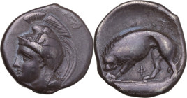 Greek Italy. Northern Lucania, Velia. AR Didrachm, c. 334-300 BC. Obv. Head of Athena left, wearing Phrygian helmet decorated with centauress; monogra...