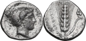 Greek Italy. Southern Lucania, Metapontum. AR Stater, c. 400-340 BC. Obv. Head of Demeter right, wearing grain-ear wreath and earring. Rev. Barley ear...