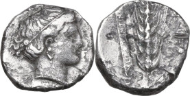 Greek Italy. Southern Lucania, Metapontum. AR Stater, c. 400-340 BC. Obv. Head of Demeter right, wearing grain-ear wreath and earring. Rev. Barley ear...