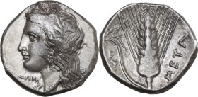 Greek Italy. Southern Lucania, Metapontum. AR Stater, circa 330-290 BC. Obv. Head of Demeter left, wearing barley-wreath; below chin, ΔΩPI. Rev. ΜΕΤΑ....