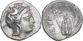 Greek Italy. Southern Lucania, Metapontum. AR Diobol, 325-275 BC. Obv. Helmeted head of Athena right, with Hippocamp on bowl. Rev. META. Ear of barley...