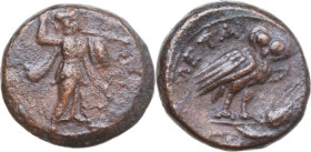 Greek Italy. Southern Lucania, Metapontum. AE 15 mm, 250-207 BC. Obv. Athena Promachos right. Rev. Owl standing three-quarters right on stalk of barle...