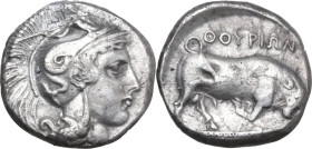 Greek Italy. Southern Lucania, Thurium. AR Stater, 350-300 BC. Obv. Head of Athena right, wearing crested Attic helmet decorated with Scylla holding t...