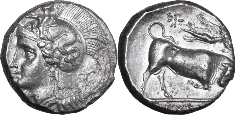 Greek Italy. Southern Lucania, Thurium. AR Stater, c. 350-300 BC. Obv. Helmeted ...