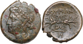 Greek Italy. Southern Lucania, Thurium. AE 15 mm, 280-270 BC. Obv. Laureate head of Apollo left. Rev. ΘOYPIΩΝ. Winged thunderbolt; below, monogram. HN...