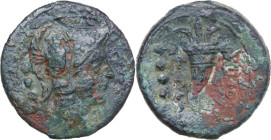 Greek Italy. Southern Lucania, Copia. AE Triens, c. 193-150 BC. Obv. Helmeted head of Minerva right; behind, four pellets. Rev. COΠIA. Cornucopiae; to...