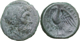 Greek Italy. Bruttium, Brettii. AE 22.5 mm, c. 208-203 BC. Obv. Laureate head of Zeus right. Rev. BPETTI-ΩΝ, Eagle standing left, with open wings; to ...