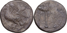 Greek Italy. Bruttium, Kroton. AR Nomos, c. 350-300 BC. Obv. Eagle standing left on olive branch, head raised, wings spread. Rev. Tripod; KPO downward...