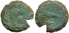 Greek Italy. Bruttium, Kroton. AE Trichalkon, c. 420-376 BC. Obv. Head of Athena right, wearing crested Corinthian helmet; before, [K]P[O]. Rev. Eagle...