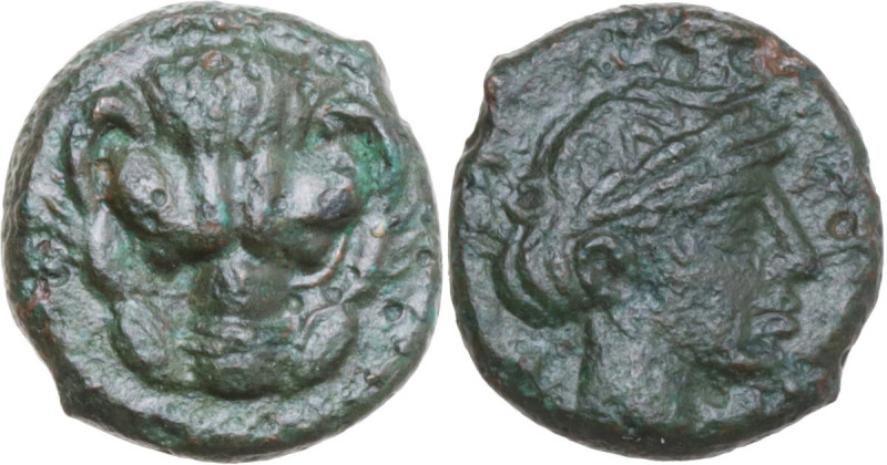 Greek Italy. Bruttium, Rhegion. AE 11 mm, 415-387 BC. Obv. Lion's mask facing. R...