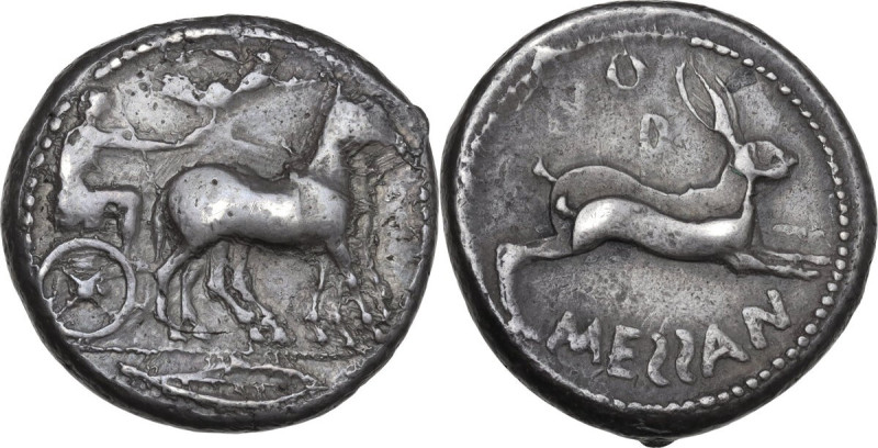 Sicily. Messana. AR Tetradrachm, c. 455-451 BC. Obv. Charioteer, holding kentron...