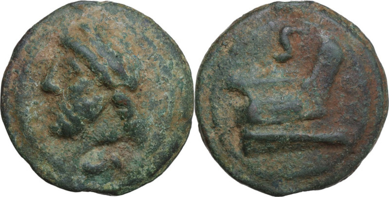 Janus/prow to right libral series. AE Cast Semis, c. 225-217 BC. Obv. Laureate h...