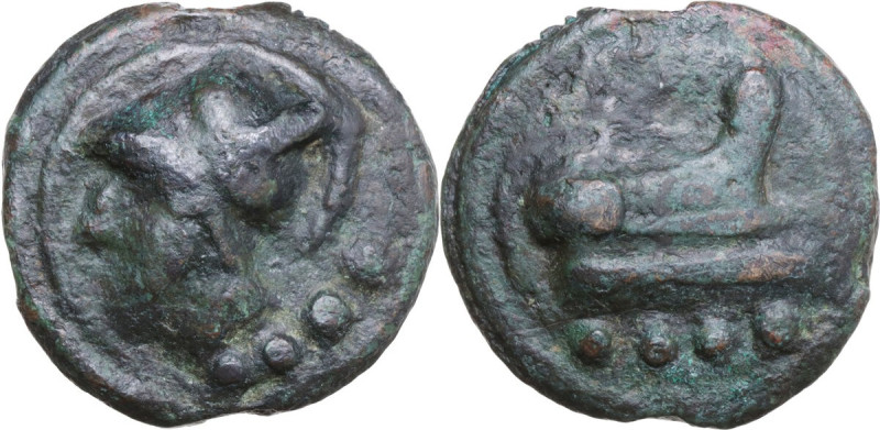 Janus/prow to right libral series. AE Cast Triens, c. 225-217 BC. Obv. Helmeted ...