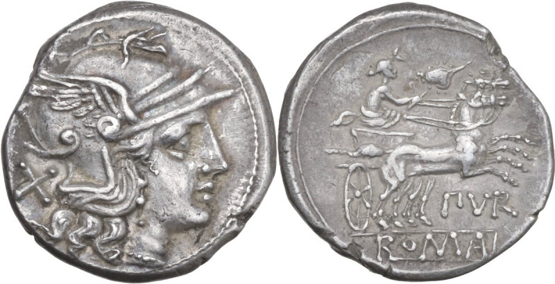 PVR & murex-shell. AR Denarius, 203 BC. Obv. Helmeted head of Roma right; behind...