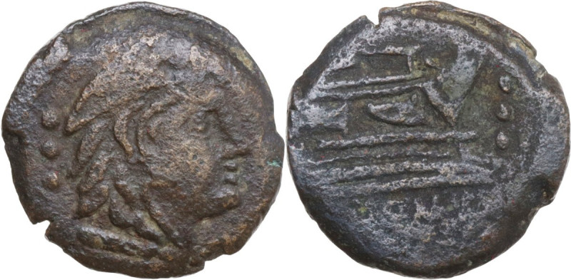 Minturnae' Second Punic War issue. AE Quadrans, after 204 BC. Obv. Head of Hercu...