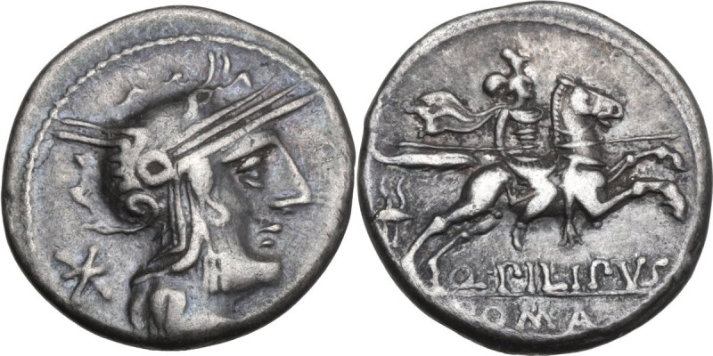 Q. Marcius Philippus. AR Denarius, 129 BC. Obv. Helmeted head of Roma right; beh...