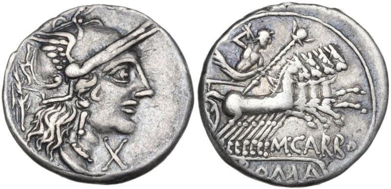 M. Papirius Carbo. AR Denarius, 122 BC. Obv. Helmeted head of Roma right; behind...