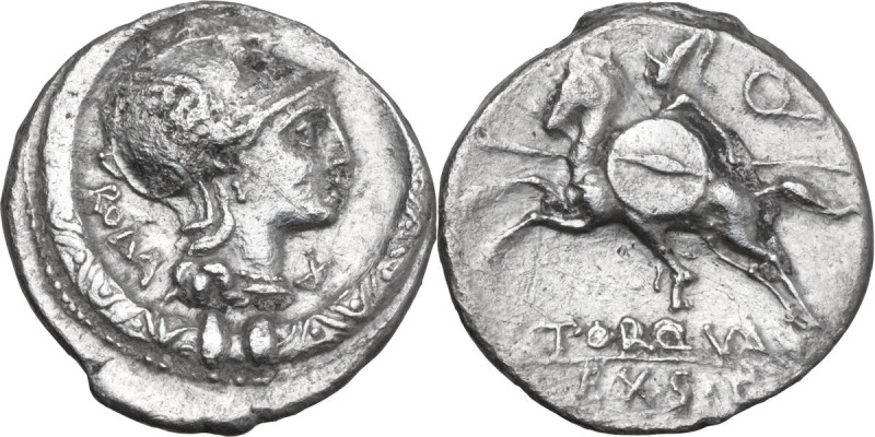 L. Torquatus. AR Denarius, 113 or 112 BC. Obv. Helmeted head of Roma right; behi...