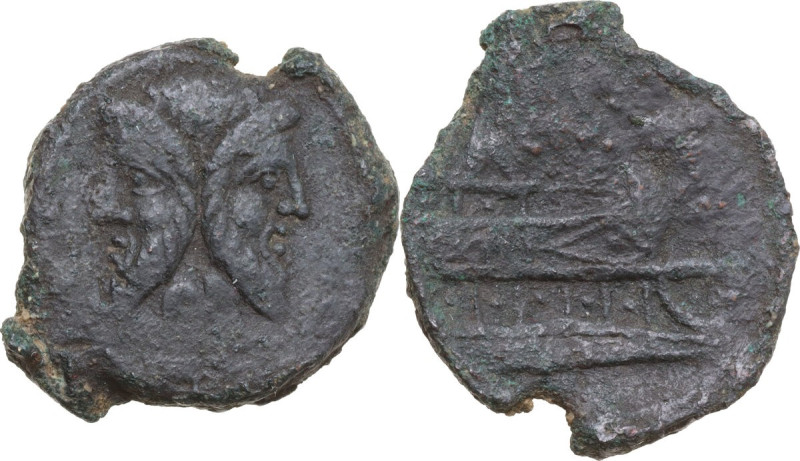 Q. Titius. AE As, 90 BC. Obv. Laureate head of Janus. Rev. Prow right; above, [Q...