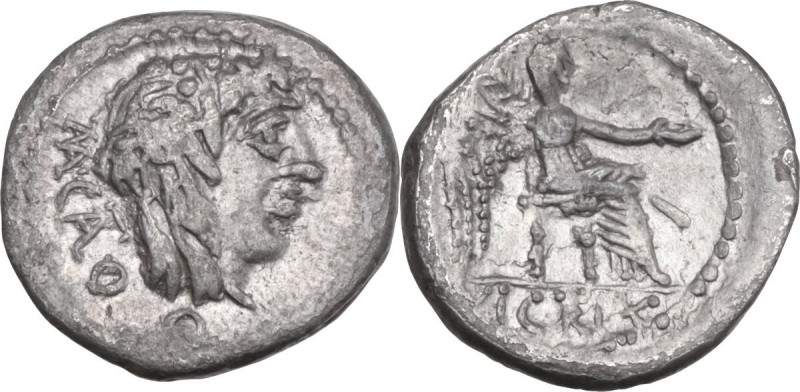 M. Cato. AR Quinarius, 89 BC. Obv. Head of Liber right, wearing ivy-wreath; behi...
