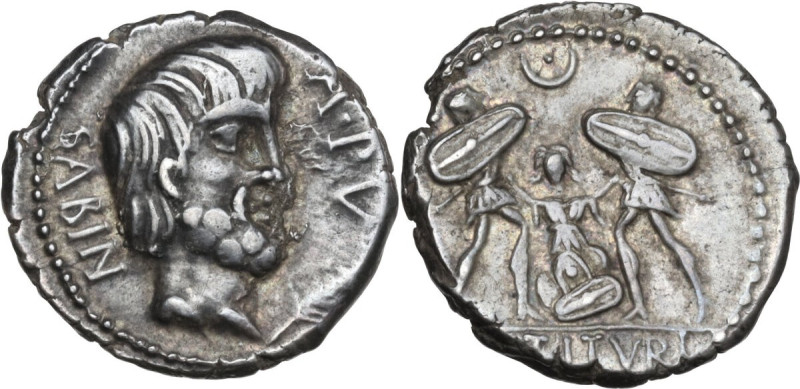 L. Titurius L. f. Sabinus. AR Denarius, 89 BC. Obv. SABIN. A.PV. Head of King Ta...