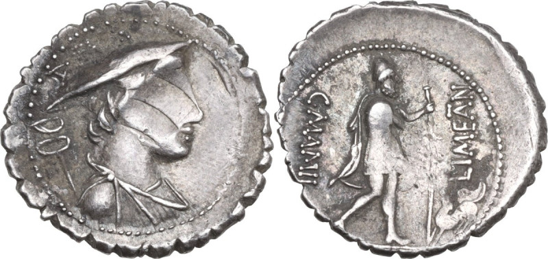 C. Mamilius Limetanus. AR Denarius serratus, 82 BC. Obv. Draped bust of Mercury ...