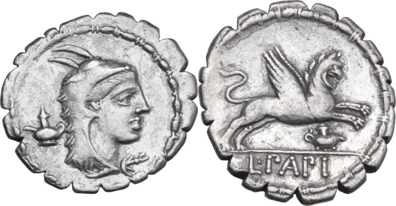 L. Papius. AR Denarius serratus, 79 BC. Obv. Head of Juno Sospita right, wearing...