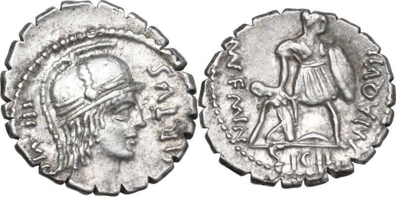 Mn. Aquillius. AR Denarius serratus, Rome mint, 71 BC. Obv. Helmeted bust of Vir...