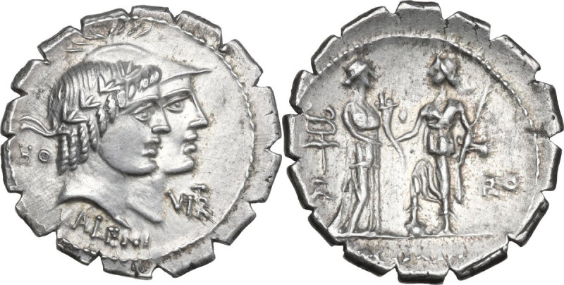 Q. Fufius Calenus and Mucius Cordus. AR Denarius serratus, 70 BC. Obv. Jugate he...