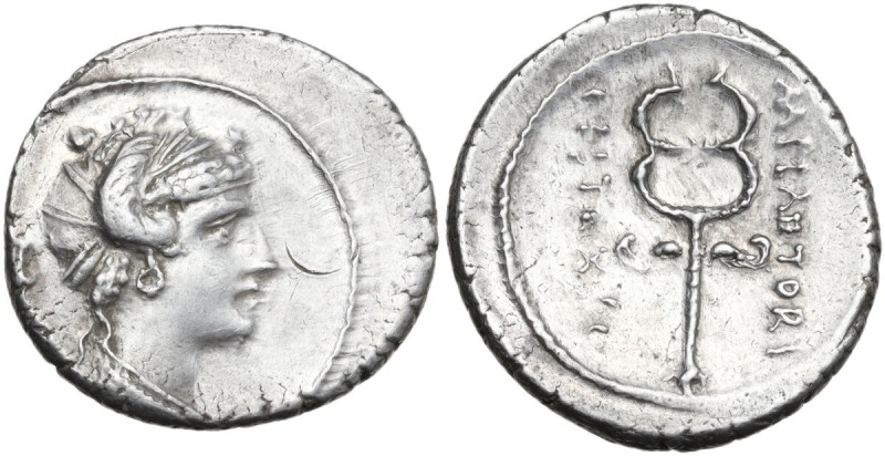 M. Plaetorius M. f. Cestianus. Denarius, 69 BC. Obv. Draped female bust right, h...