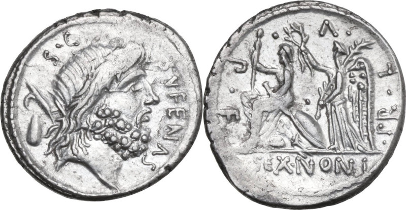 M. Nonius Sufenas. AR Denarius, 59 BC. Obv. Head of Saturn right; before, SVFENA...