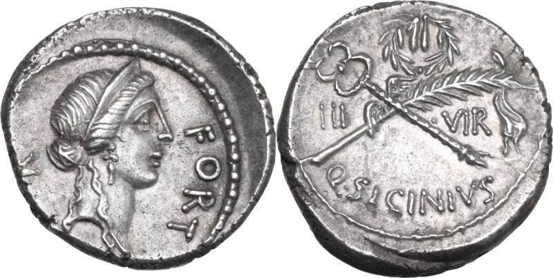 Q. Sicinius. AR Denarius, 49 BC. Obv. Diademed head of Fortuna Populi Romani rig...