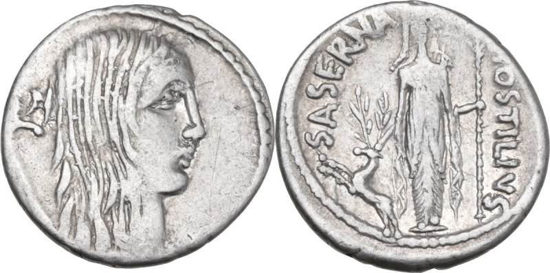 L. Hostilius Saserna. AR Denarius, 48 BC. Obv. Female head right, with long and ...