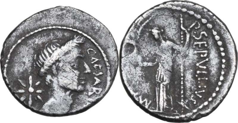 P. Sepullius Macer. AR Denarius, Rome mint, 44 BC (before 15 March, Caesar death...