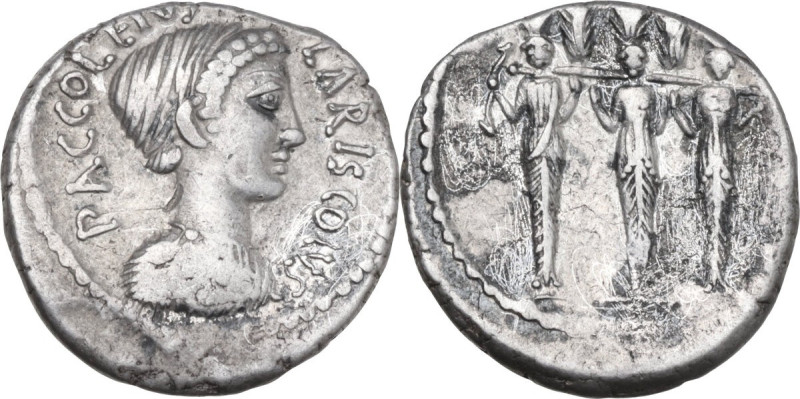 P. Accoleius Lariscolus. AR Denarius, 43 BC. Obv. P. ACCOLEIVS LARISCOLVS. Drape...